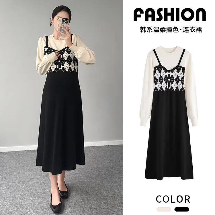 孕妇连衣裙2025秋冬季韩版新款时尚假两件百搭加厚打底毛衣裙子潮