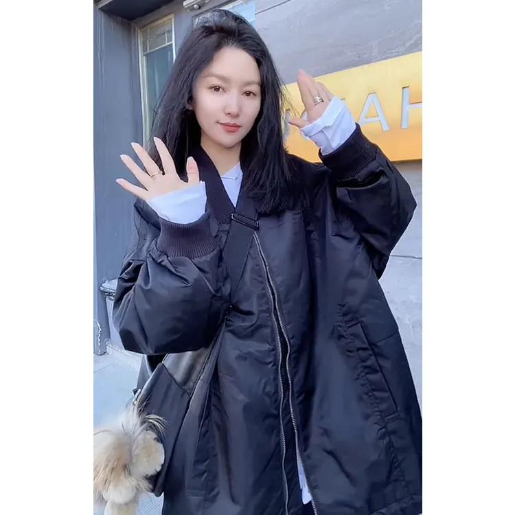 韩版百搭宽松中长款加棉棒球服欧洲站2024冬季新款时尚黑色外套潮