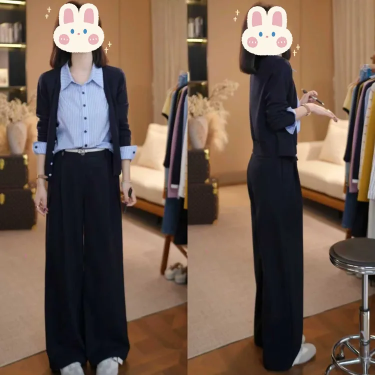 【彦可】风条纹衬衣拼毛织假两件羊毛长袖上衣+休闲裤子BB50338