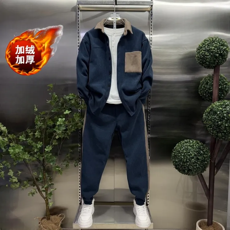 冬季加绒加厚男士休闲套装时尚宽松拼色条绒两件套高品质保暖穿搭