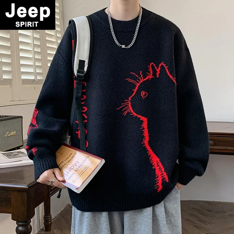 JEEPSPIRIT毛衣男款秋冬季宽松针织衫卡通毛线衣情侣慵懒风套头衫