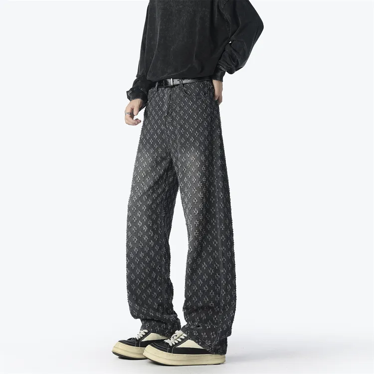 秋季阔腿裤提花宽松潮复古裤子港风复古男牛仔裤痞帅慵懒风男装