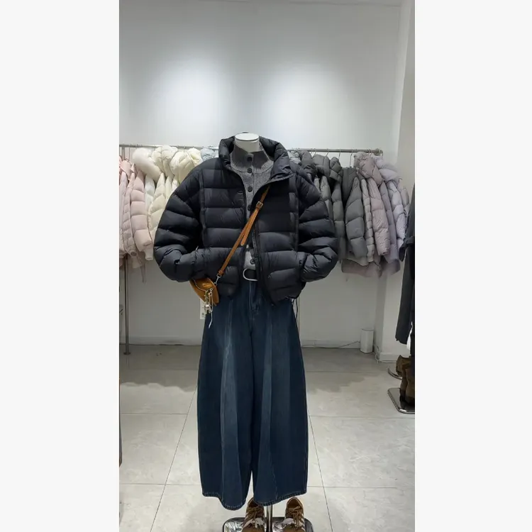 2025秋冬高级感韩版短款棉服外套半高领针织上衣高腰阔腿裤三件套