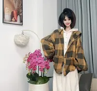 【沐木流浪记】（花间梦）气质休闲黄黑大格子连帽四兜女装风衣外套z