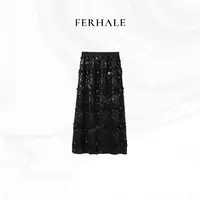 FERHALE高定系列 黑色蕾丝提花复古优雅高腰半身中长裙