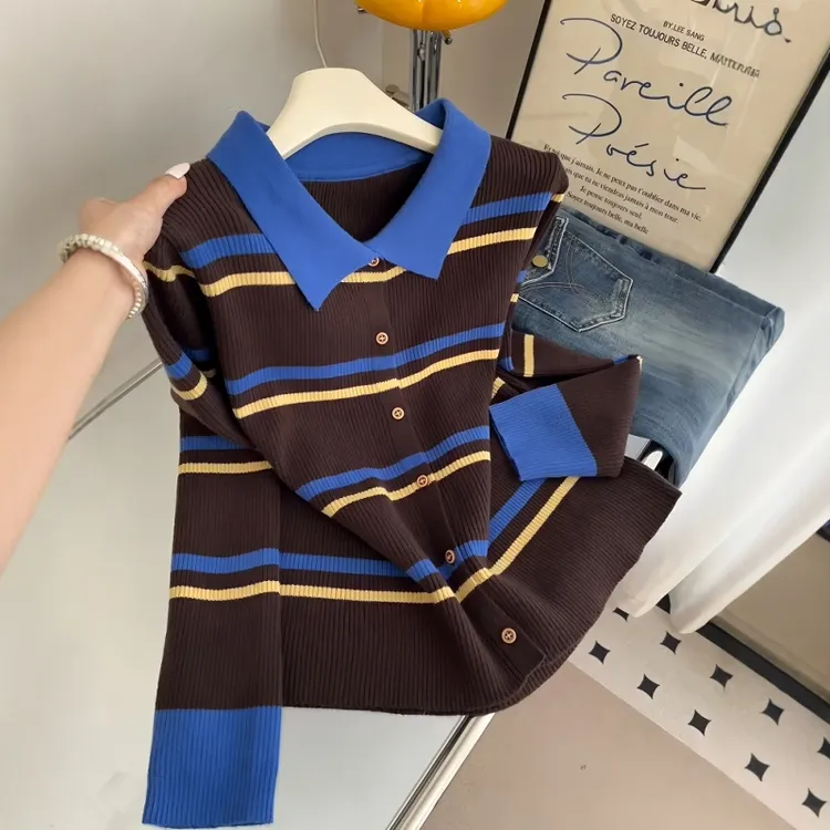 大码女装撞色翻领条纹针织上衣2025新款秋季胖mm显瘦内搭打底上衣