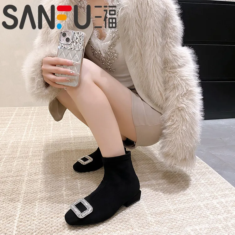 三福内增高水钻绒面方头短靴女2025秋冬名媛风法式平底瘦瘦靴女