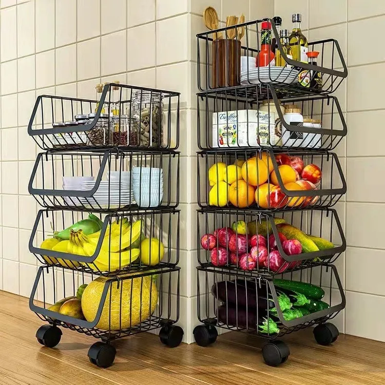 多功能厨房蔬菜置物架水果收纳架免打孔多层落地储物架收纳筐篮道