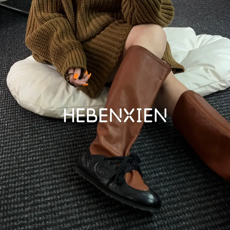 HEBENXIEN新款宽筒显瘦薄底真皮一脚蹬运动氛围感阔腿裤必备鞋