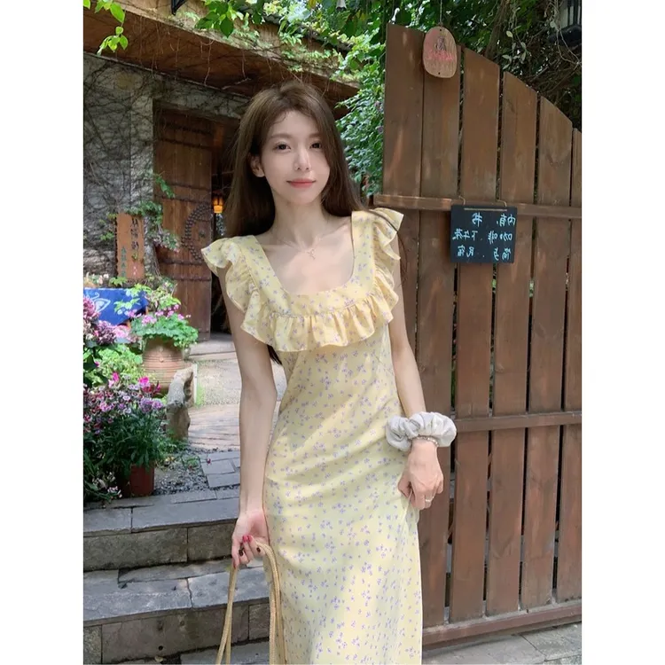 小飞袖连衣裙女装夏季新款黄色碎花裙收腰显瘦包臀裙长裙气质裙子
