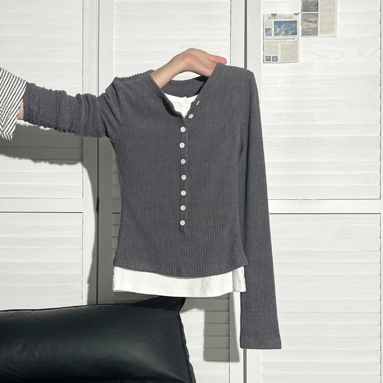 夏珍 灰色假两件半开领长袖针织衫女2025秋新款修身显瘦时尚上衣