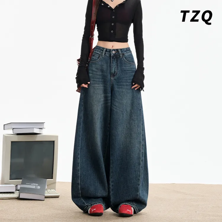 水洗高腰阔腿牛仔裤女2025秋季新款宽松显瘦垂感拖地裤TZQ2592904