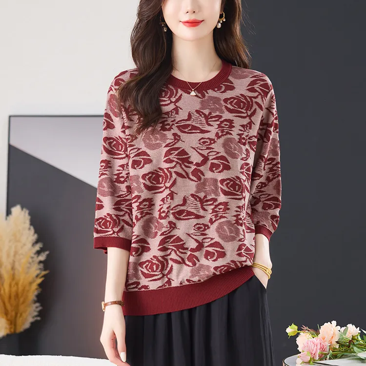 七分袖针织衫女春秋洋气妈妈套装2025新款中老年打底衫裤子两件套