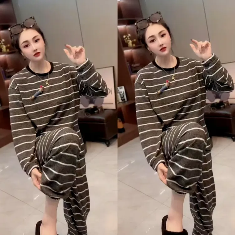 网红爆款秋冬加绒套头睡衣长袖长裤时尚条纹宽松女款可外穿居家服