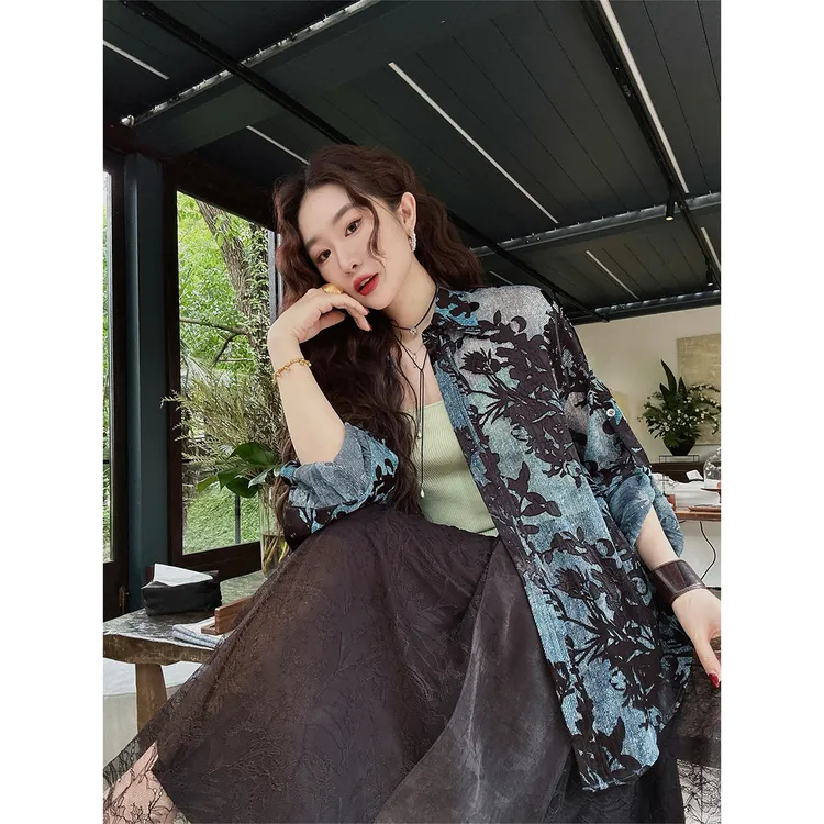 三吉黑花【青藤】国风新中式防晒人丝烧花衬衫上衣外套高级感轻奢