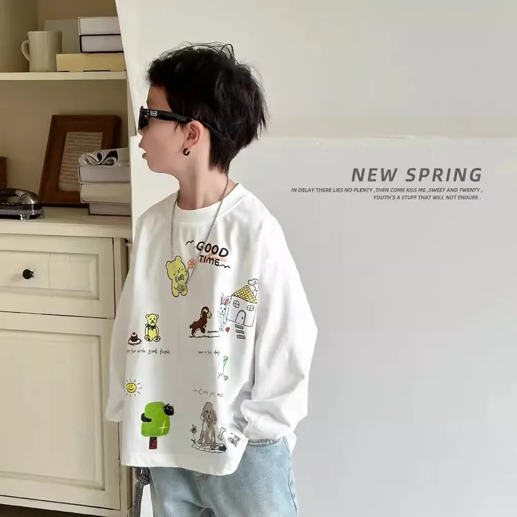 男童春装上衣2025新款长袖t恤美式印花儿童薄卫衣纯棉圆领打底衫
