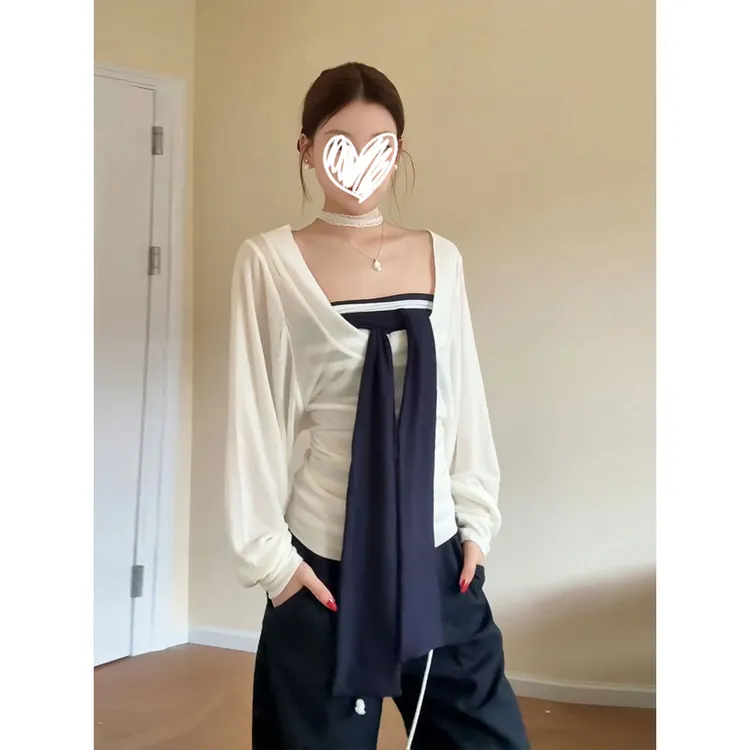 A韩系绑带条纹抹胸背心女早秋新款长袖防晒罩衫显瘦叠穿上衣两件