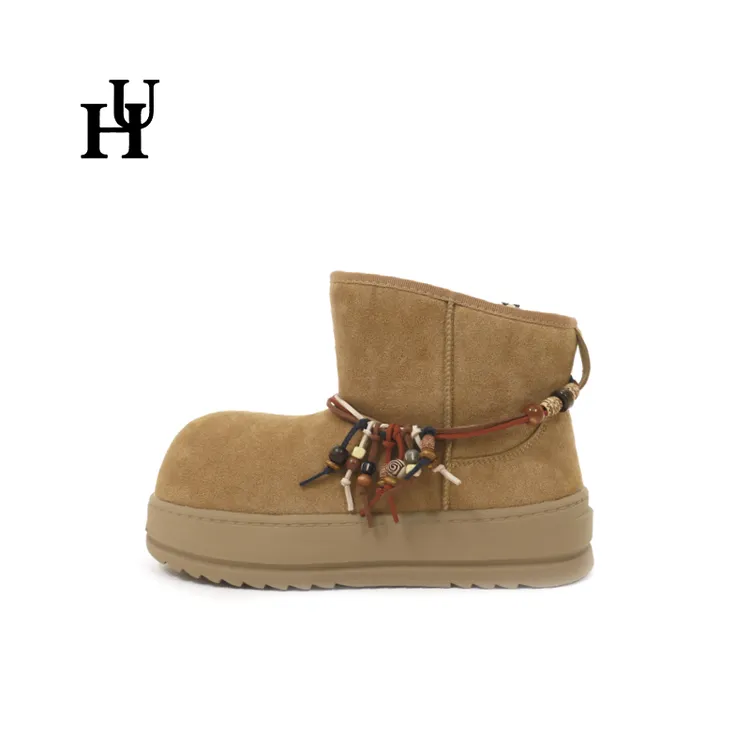 HU厚底民族风皮毛一体雪地靴女加厚保暖休闲牛皮靴子2025年冬季款