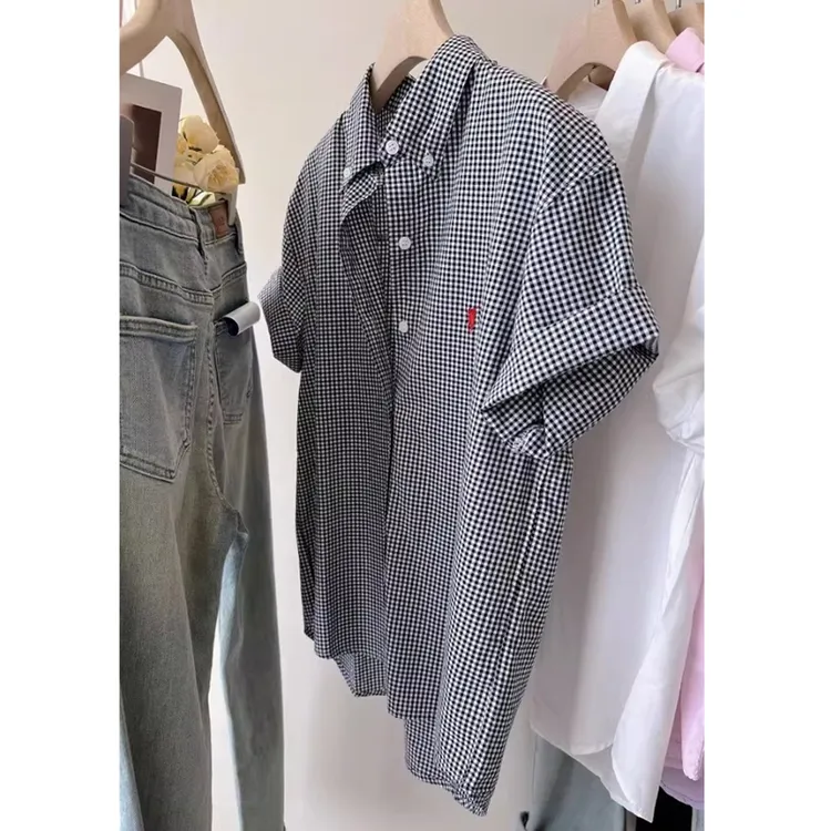 复古小马剌绣格子短袖衬衫女夏季2025新款小清新白色衬衣纯棉上衣