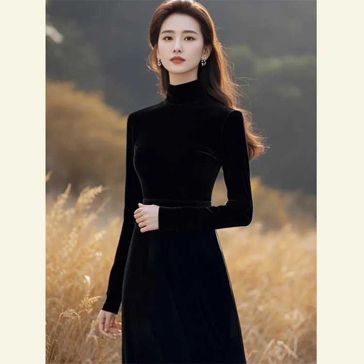 上流社会气质宴会平时礼服轻奢黑色丝绒高领收腰连衣裙可穿衣服