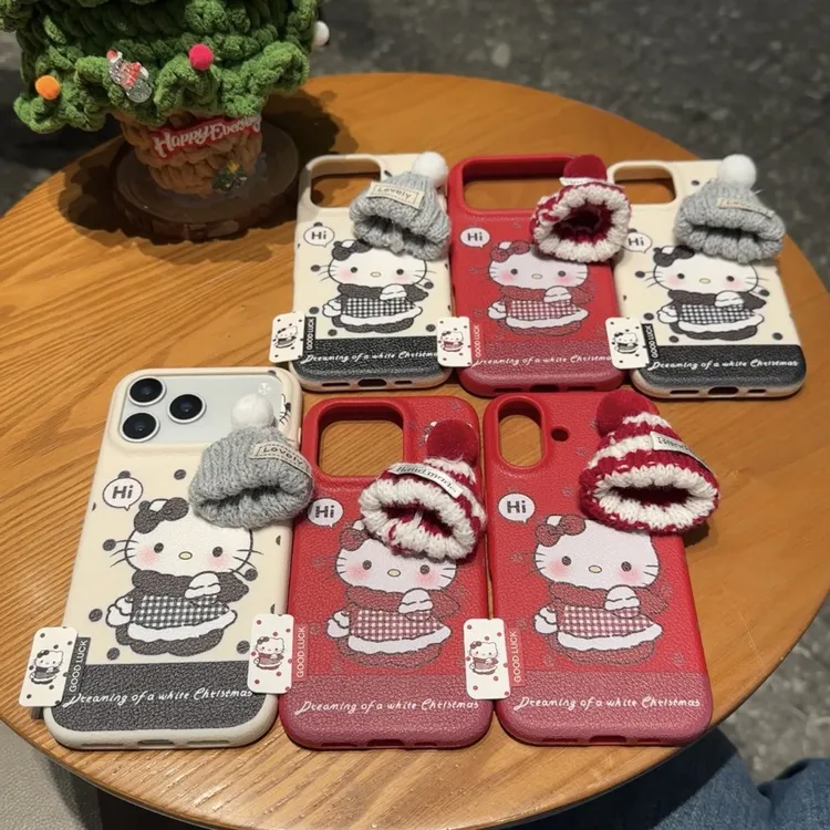 针织帽子kitty标签皮用于iphone17Promax手机壳皮革纹16/15新款14