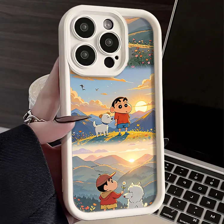 日落蜡笔小新适用iphone16苹果手机壳15promax金刚砂1413全包1211