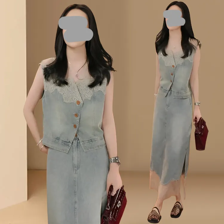 2025款欧若风轻奢拼接蕾丝无袖上衣高腰撞色半裙高级感牛仔套装女
