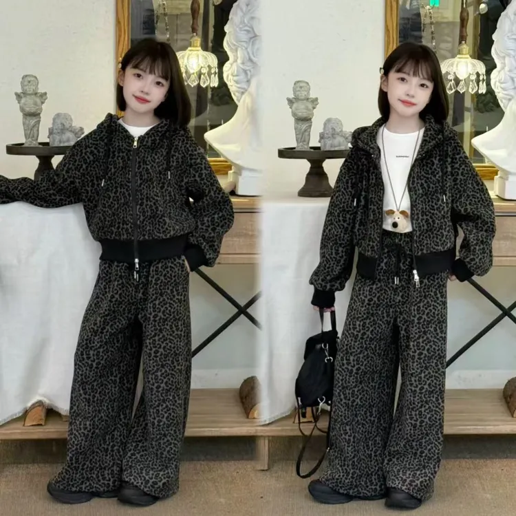 女童加绒套装秋冬2025新款儿童洋气时髦豹纹卫衣阔腿裤潮酷两件套