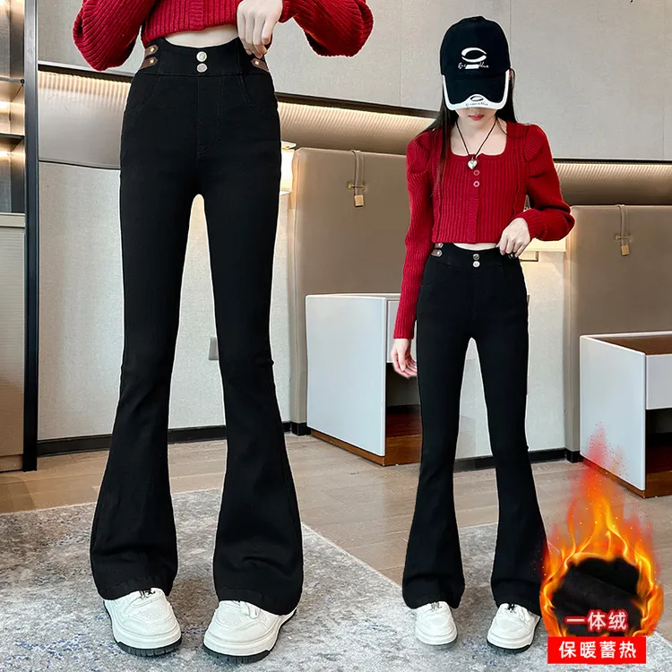 女童加绒裤子秋冬装2025新款洋气中大儿童喇叭裤弹力修身休闲长裤