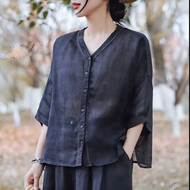 春夏新款苎麻开衫大码夏季复古薄款宽松中国风百搭显瘦纯色中袖女