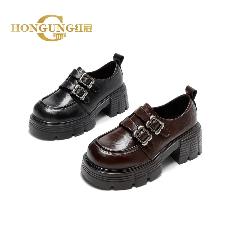 清！！| 红冠魔术贴乐福鞋小个子增高6cm英伦风单鞋复古小皮鞋2813