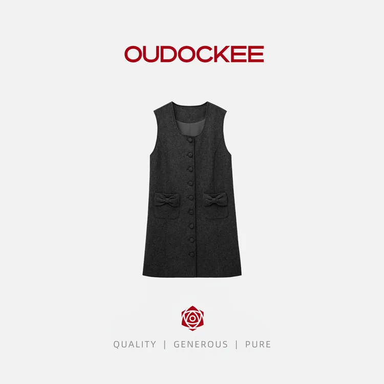 OUDOCKEE 鸥鸥【绵羊毛】灰色领直筒时尚百搭毛呢连衣裙 LACX648T