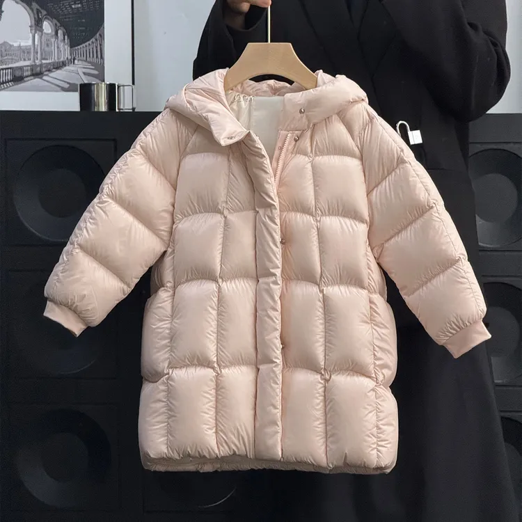 壹妈韩版童装女童羽绒服冬装洋气儿童中长款加厚保暖粉色连帽外套