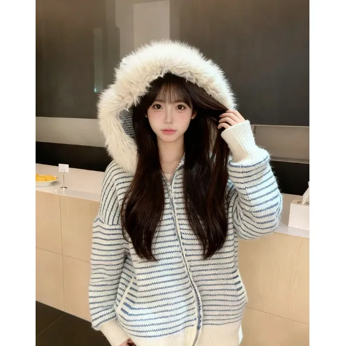 韩系蓝白条纹毛领连帽长袖毛衣外套女冬季宽松针织开衫慵懒风上衣