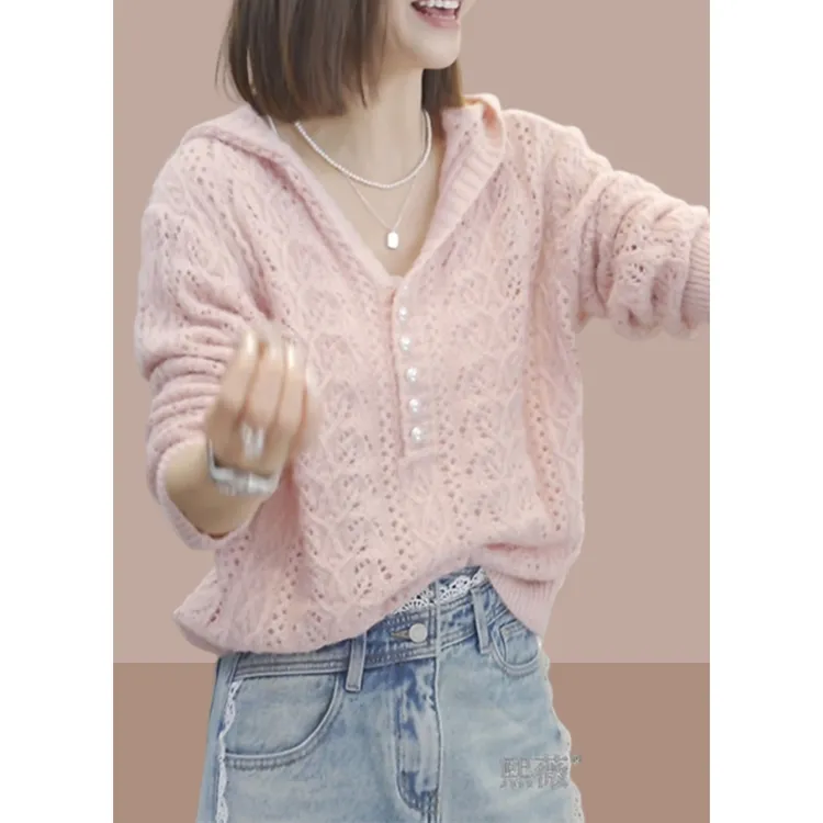 韩系纯色钩花镂空连帽针织衫女2025年春季新款显瘦外穿内搭上衣潮