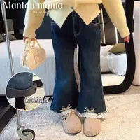 【Mt studio】3【新款】加绒加厚花边牛仔微喇裤女童秋季甜美百搭韩版