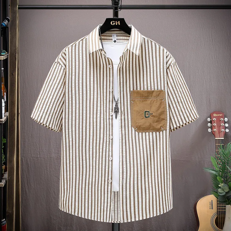 2024夏装透气发泡条纹衬衣短袖青少年学生短袖衬衣