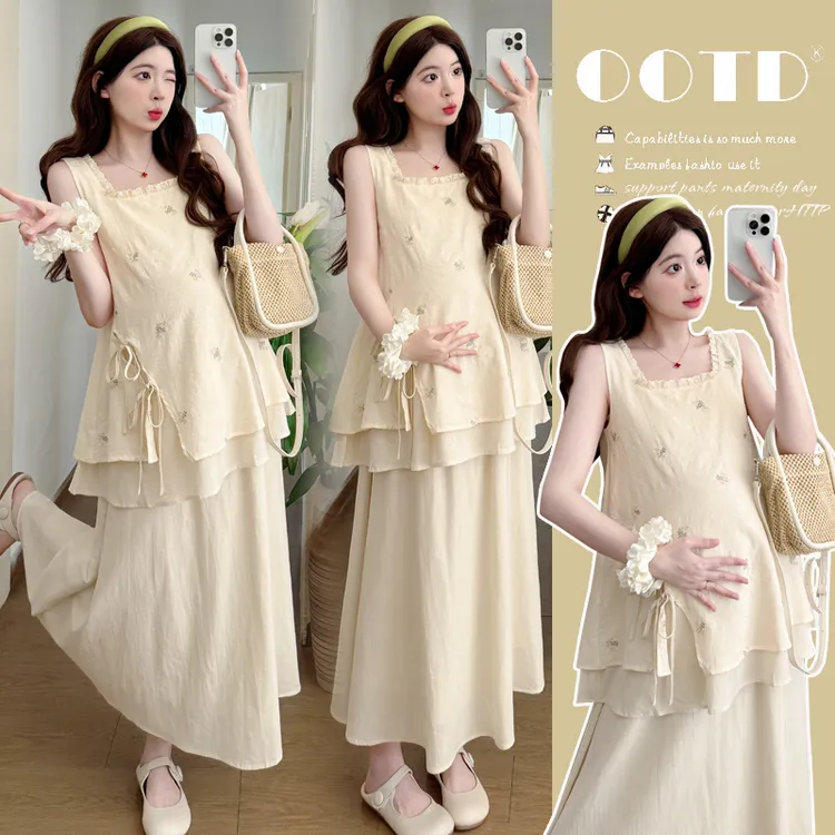 法式孕妇装夏装套装2025新款韩版无袖上衣时尚两件套孕妇半身裙女