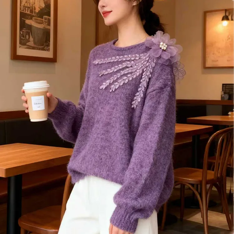 圆领紫色毛衣女2025秋冬新款洋气减龄重工烫钻立体花朵针织衫上衣