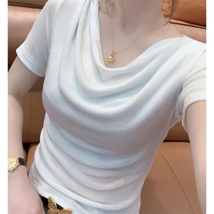 2025夏季新款堆堆领短袖T恤女洋气设计感修身显瘦半袖小衫上衣潮