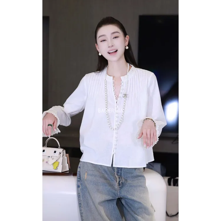 1-【珍珠衬衫】宝儿家含幂BK208725307秋冬款法式宫廷百褶边白衬衫