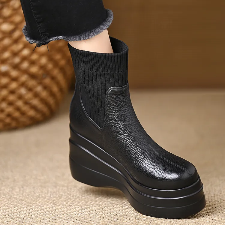 9厘米头层牛皮防水台厚底短靴女高跟松糕底针织弹力套筒坡跟靴子