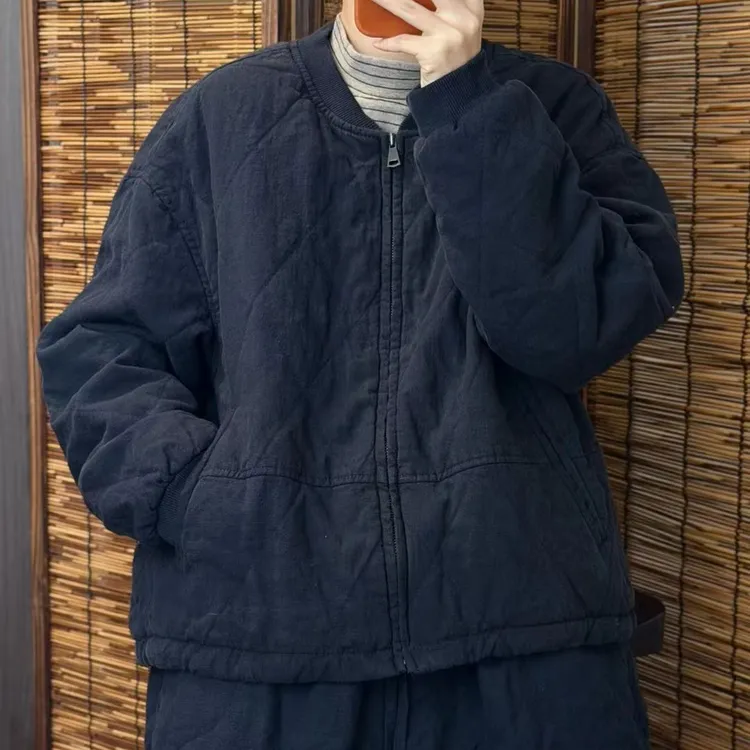 希哦新品 9682冬季夹棉纯亚麻圆领加厚宽松百搭显瘦洋气女式棉服