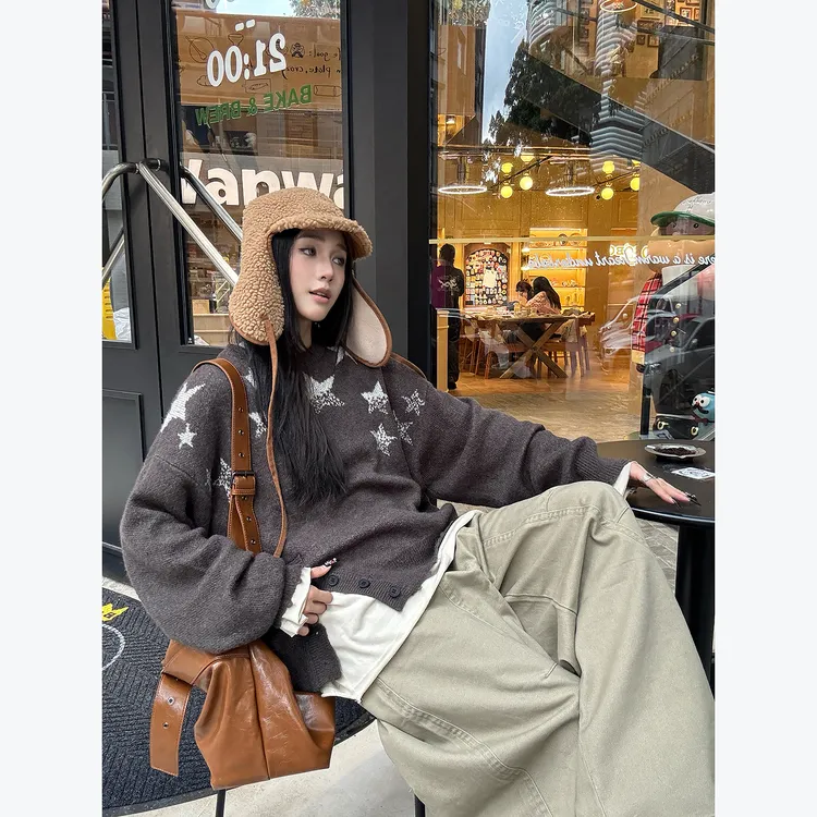 杨九七提花圆领开叉长袖毛衣女秋冬复古宽松套头针织衫上衣71010