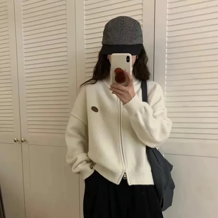 高领拉链毛衣外套女2024新款秋冬软糯韩系穿搭慵懒风粉色毛衣