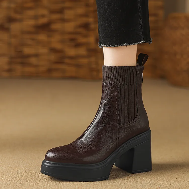 9.5cm真皮粗跟厚底短靴洋气针织弹力瘦瘦靴子防水台高跟马丁靴女