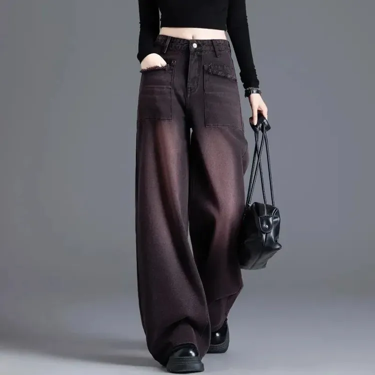 高街美式阔腿牛仔裤女2025秋冬新款加绒直筒宽松高腰显瘦拖地裤女