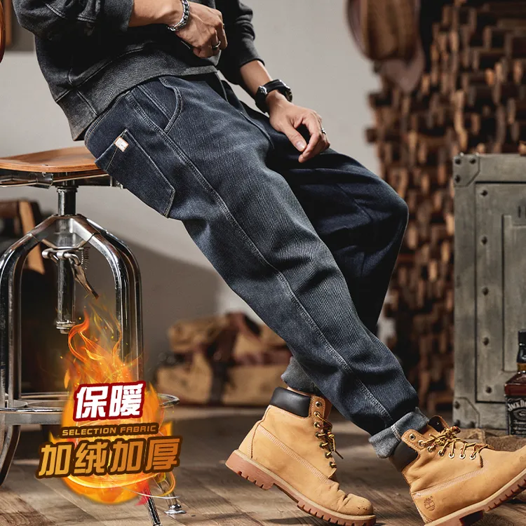加绒牛仔裤男士冬季新款直筒宽松美式复古潮牌水洗弹力休闲长裤子