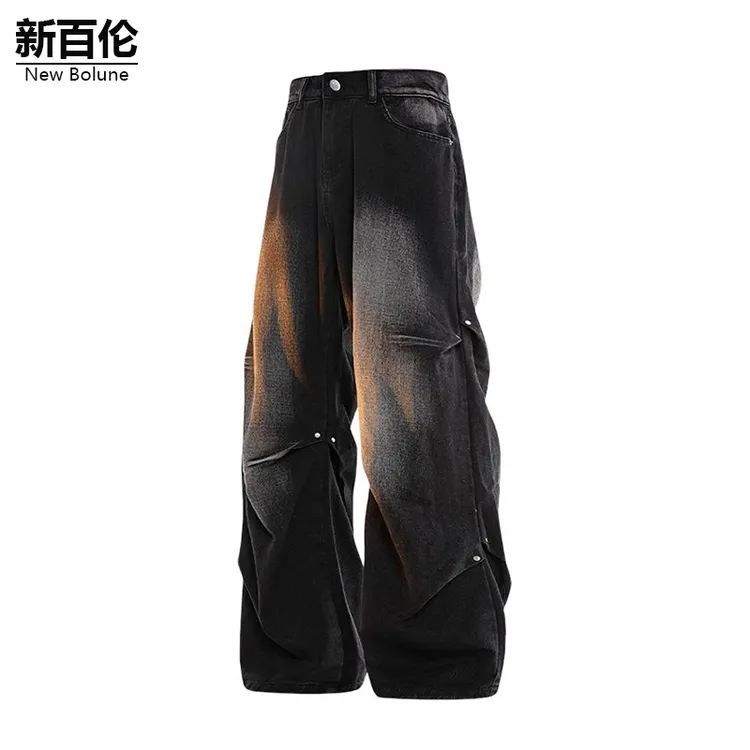 新百伦/NEW BOLUNE高街铆钉牛仔裤男秋季新款宽松复古美式阔腿裤