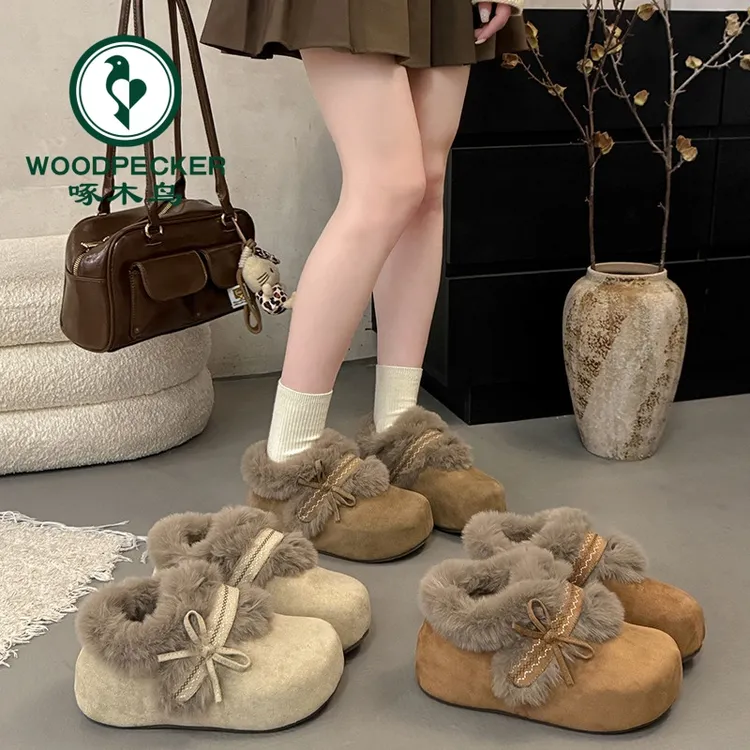 啄木鸟内增高厚底勃肯鞋女2025新款冬季加绒加厚毛毛鞋一脚蹬棉鞋